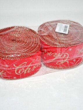 JarThenaAMCS Merry Christmas Wired Ribbon, 2 Rolls 2.5" x 20 Yards, Red/ Gold Sn